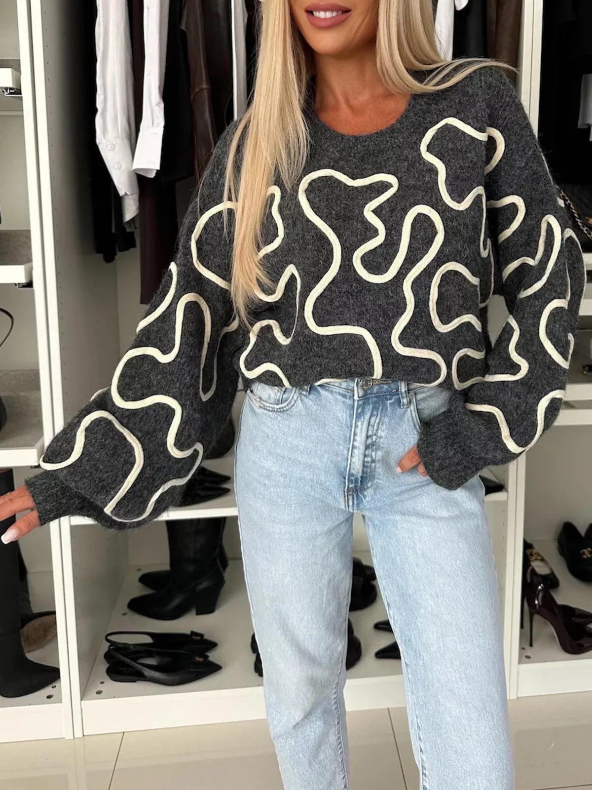 Abstract pattern oversized round neck sweater, Dark Gray