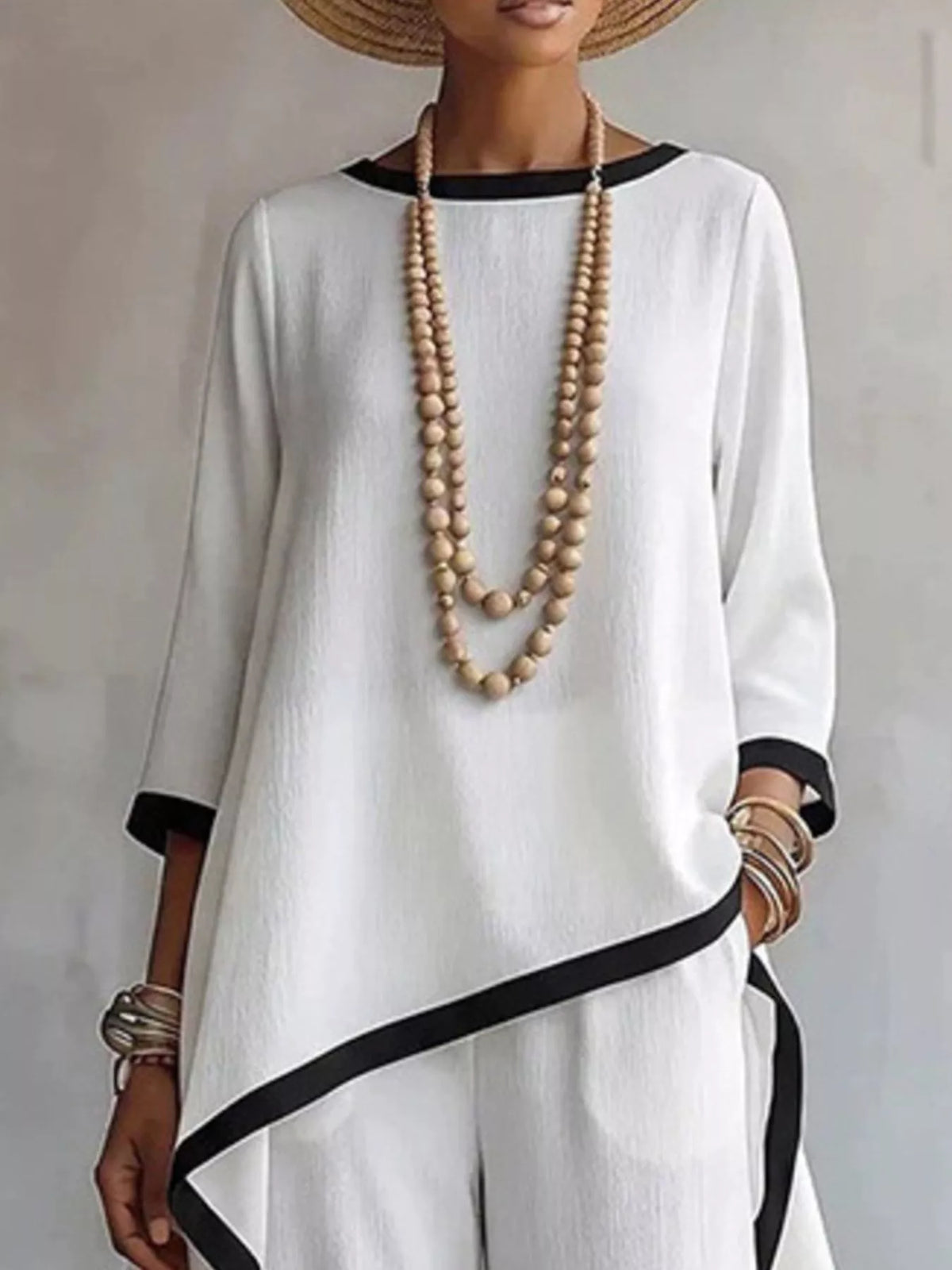 Contrast trim high-low top and pants set