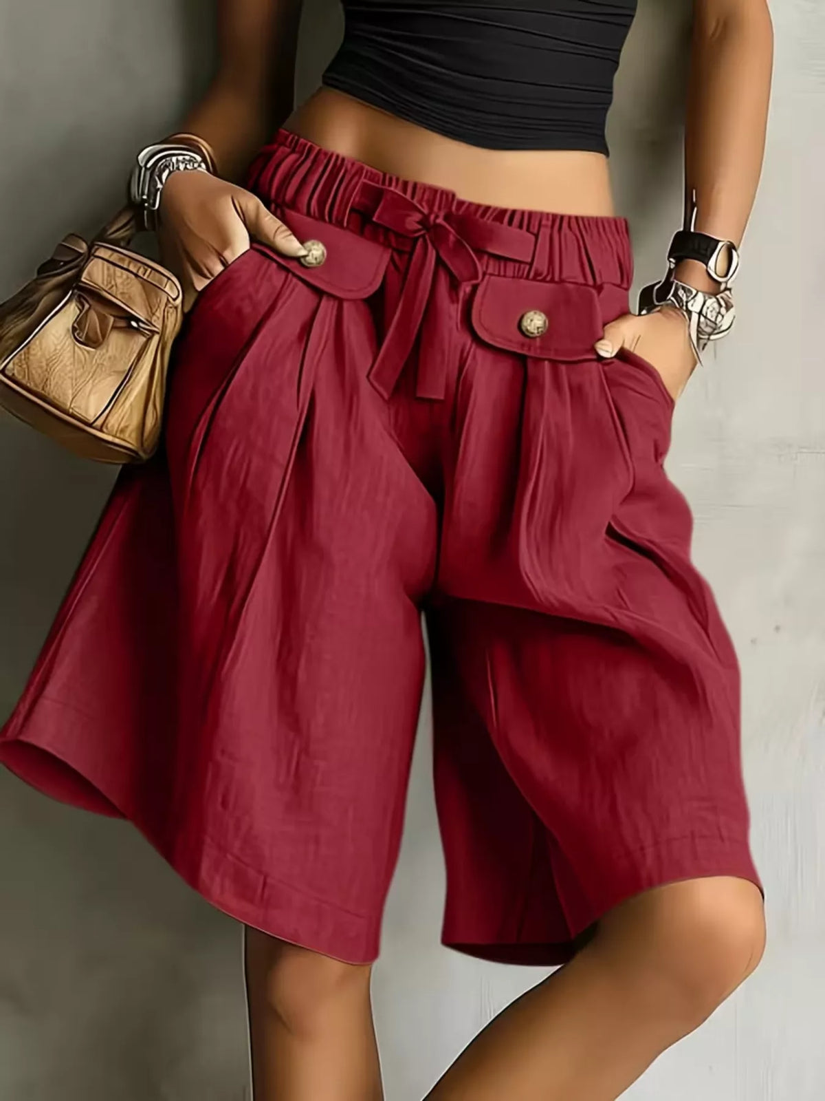 High-waist drawstring shorts – red