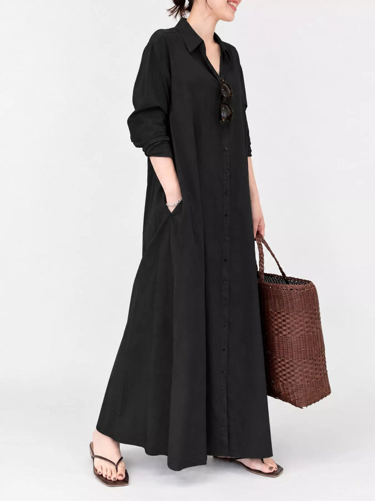 Button front long sleeve maxi shirt dress