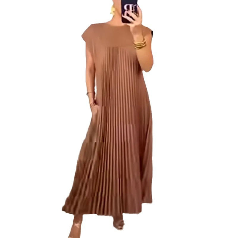 New autumn and winter fashion round neck sleeveless pleated dress for women's long skirt