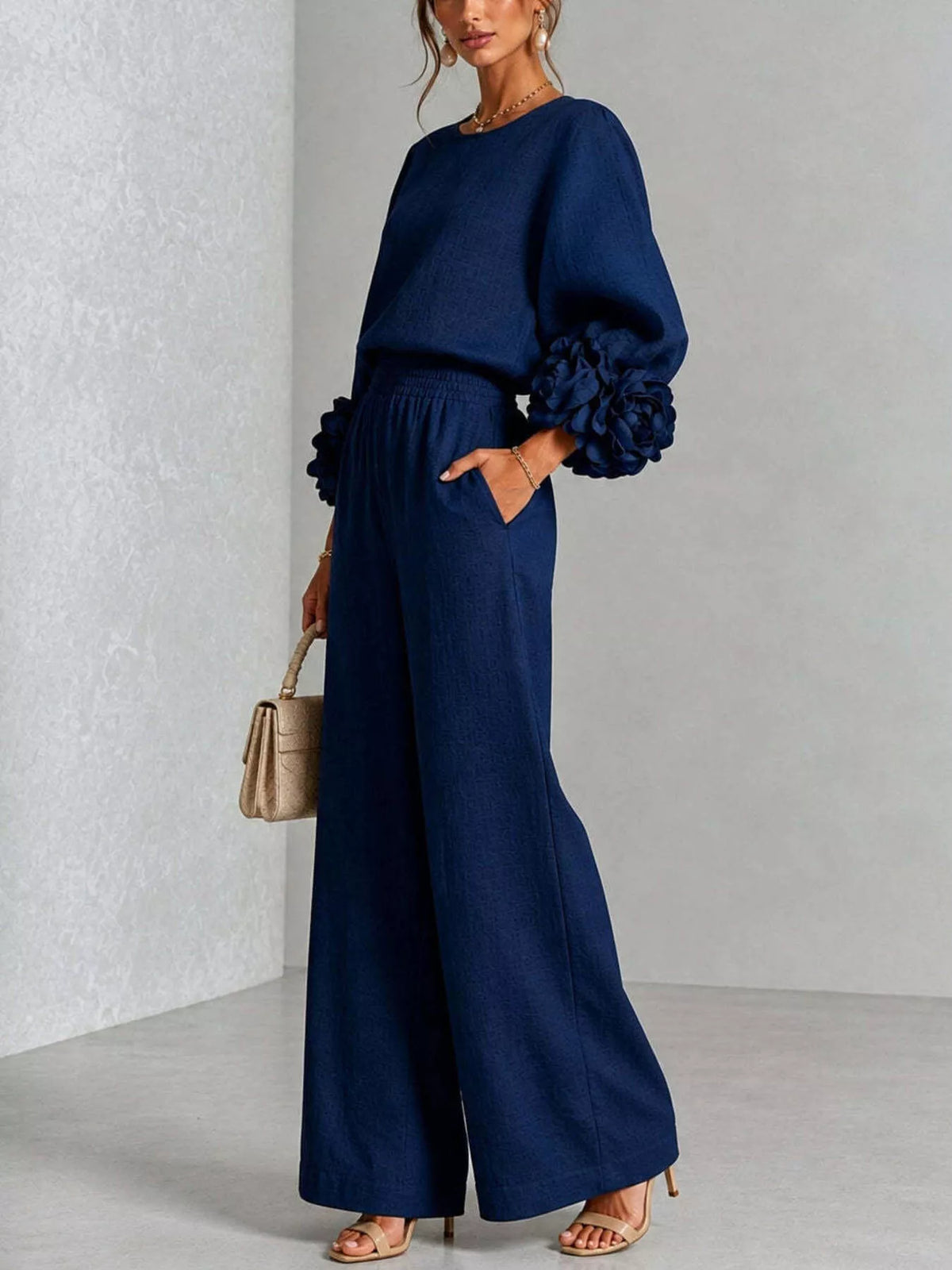 Floral-cuff top and pants set