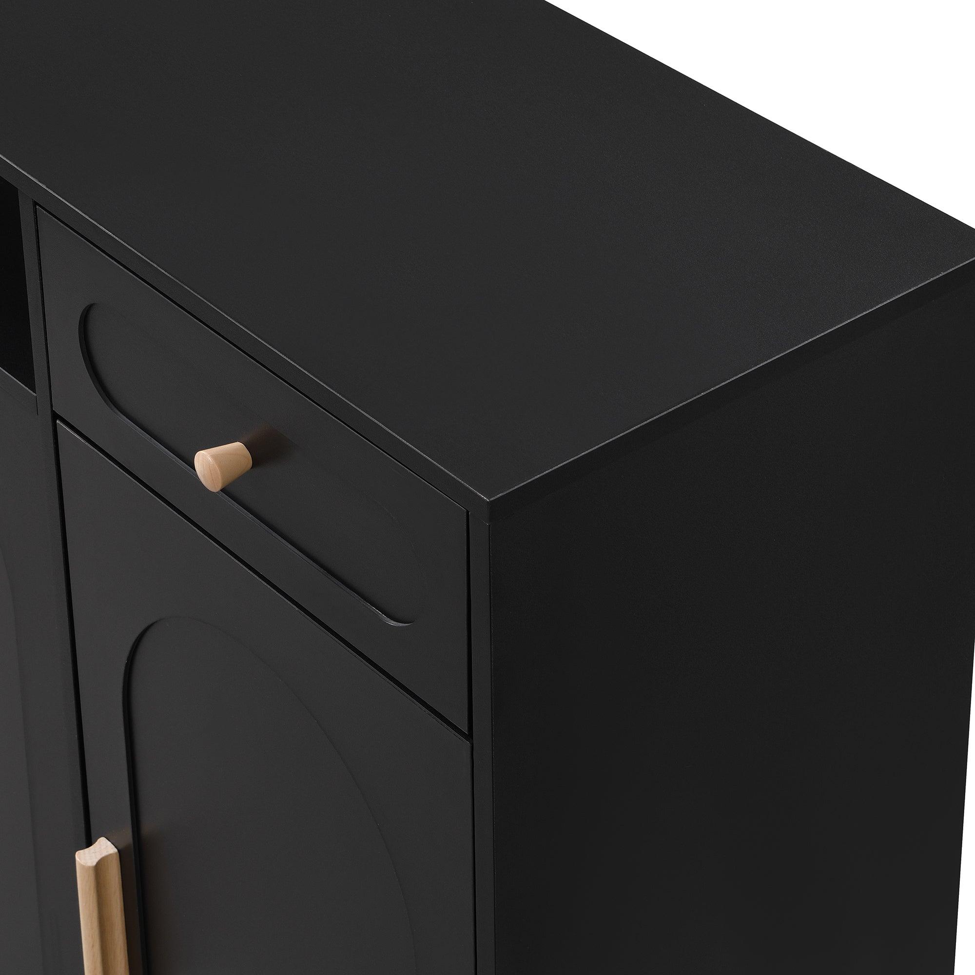 ON-TRANS Elegant Shoe Cabinet with Arched Doors and Drawers, Storage Side Panels, Adjustable Shelves and Solid Wood Legs, Black