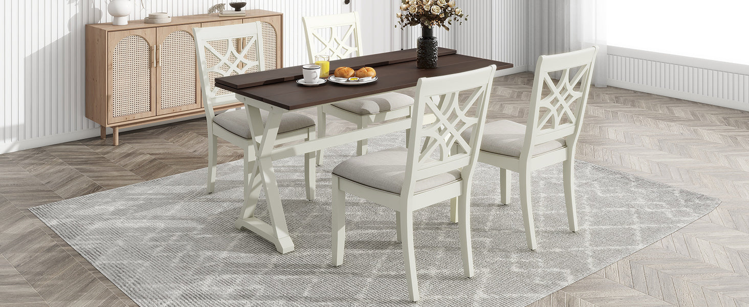 TOPMAX 5-piece set of 62 * 35.2-inch retractable dining table with X-shaped legs, two 8.8-inch flip beige dining chairs