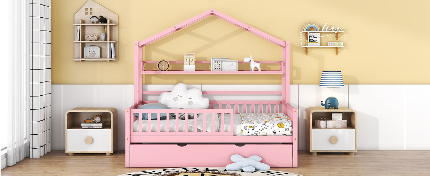 Wooden Full Size House Bed with Twin Size Trundle Kids Bed with Shelf Pink