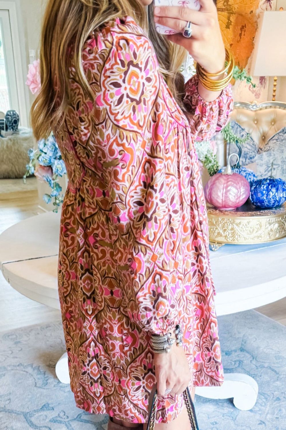 Printed tie-neck mini dress