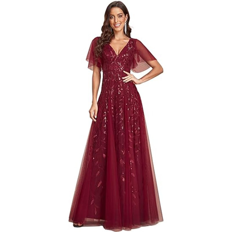 Flutter-sleeve sequin gown