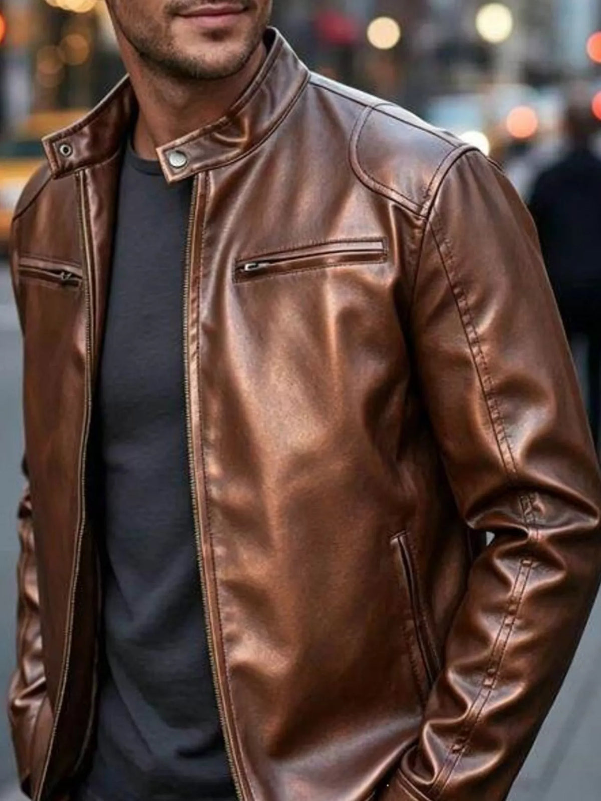 Faux leather bomber jacket with zipper pockets, Copper