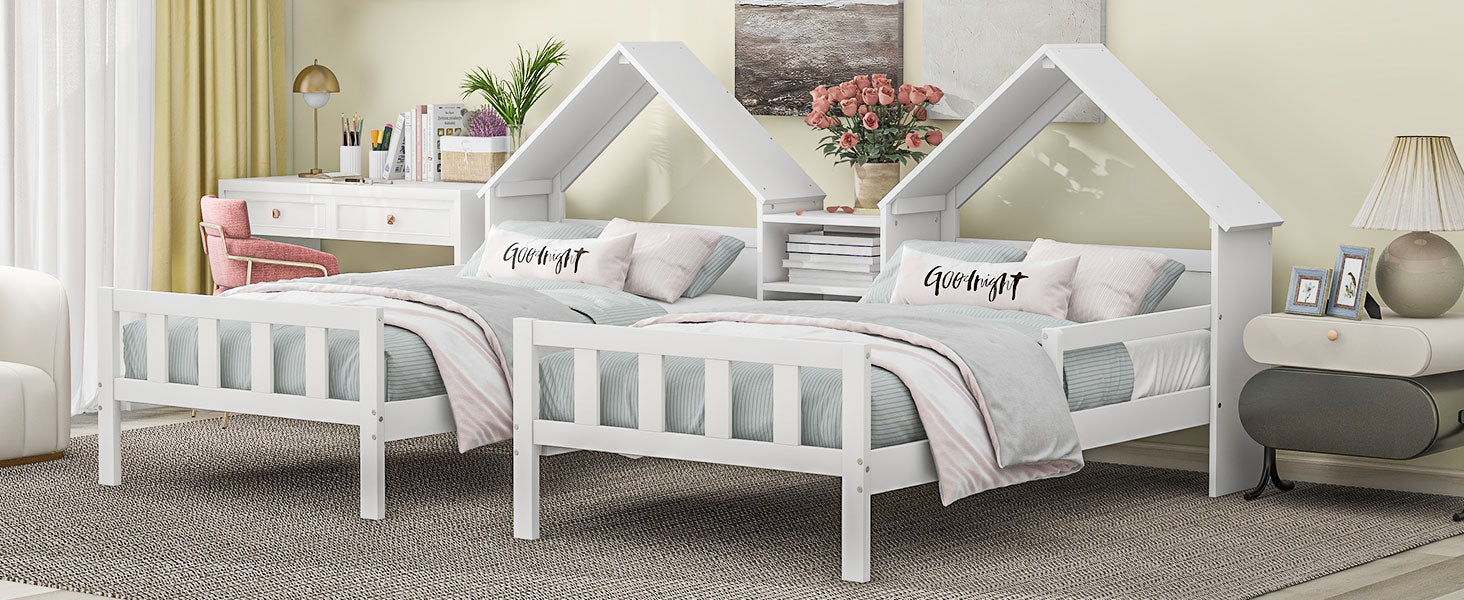 Double Twin Size Platform Bed with House-shaped Headboard and a Built-in Nightstand, White