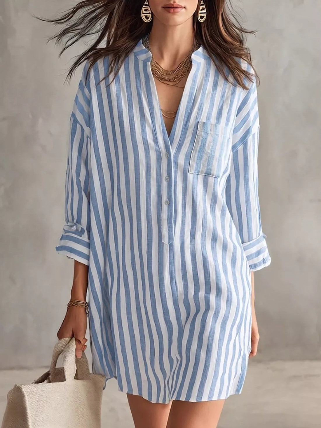 Striped mini shirt dress – blue