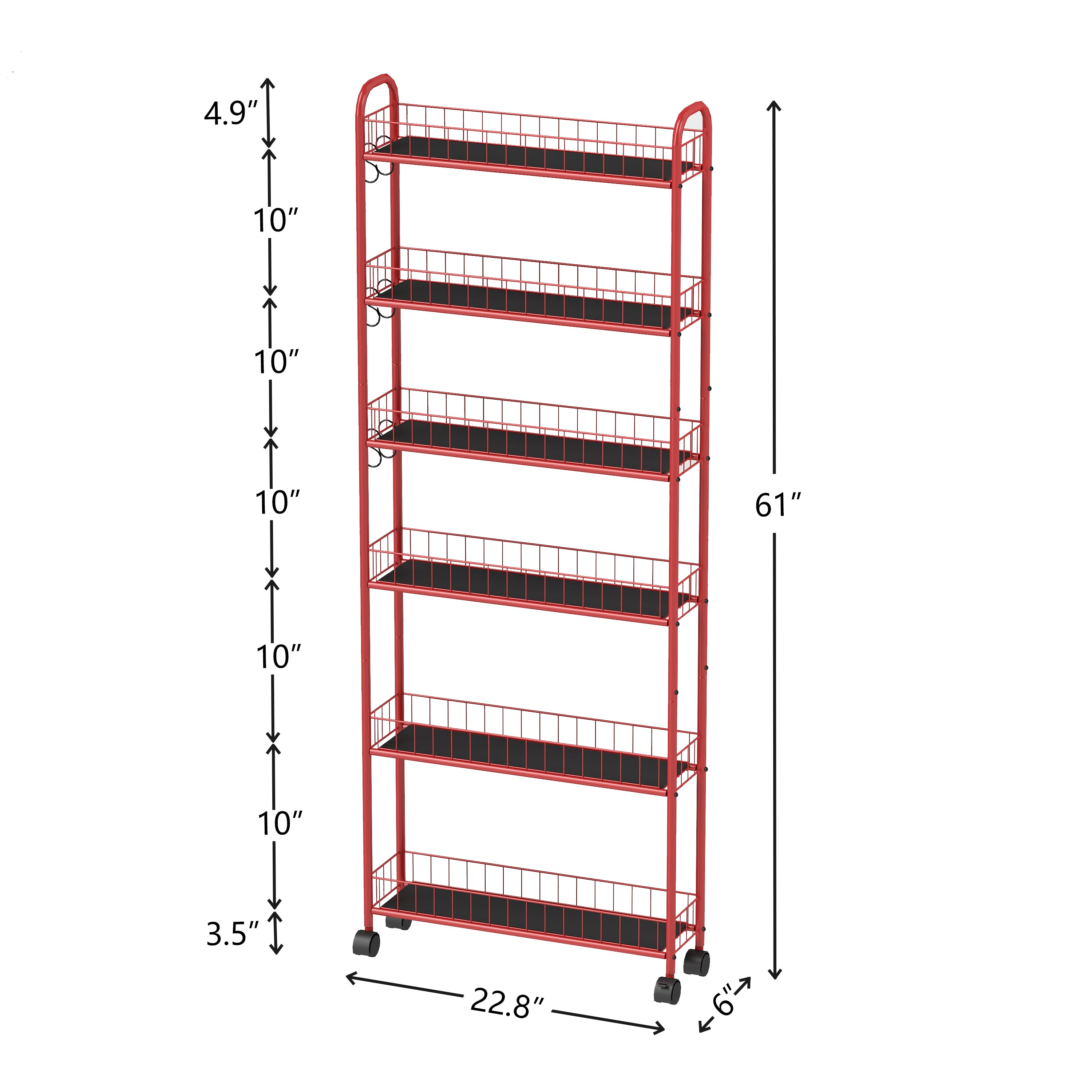 Red 6-story rolling cart gap kitchen ultra-thin sliding out storage tower shelf with wheels, 6 baskets