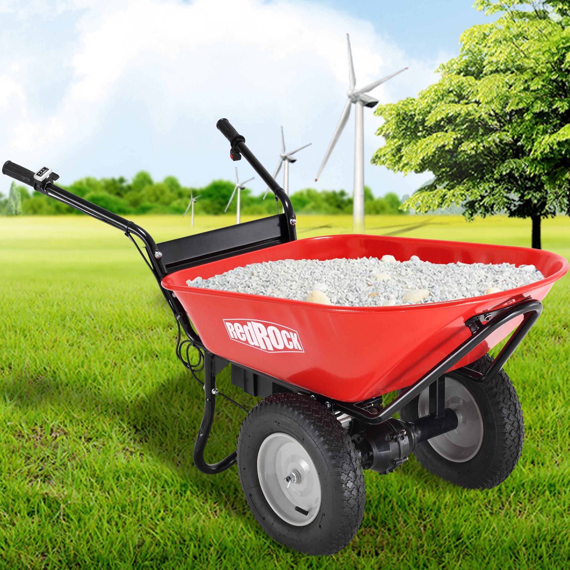 Red Rock Wheelbarrow Utility Cart Electric Powered AGM Battery 330lbs (150kgs) Max Capacity Barrel Dump Material Debris Hauler