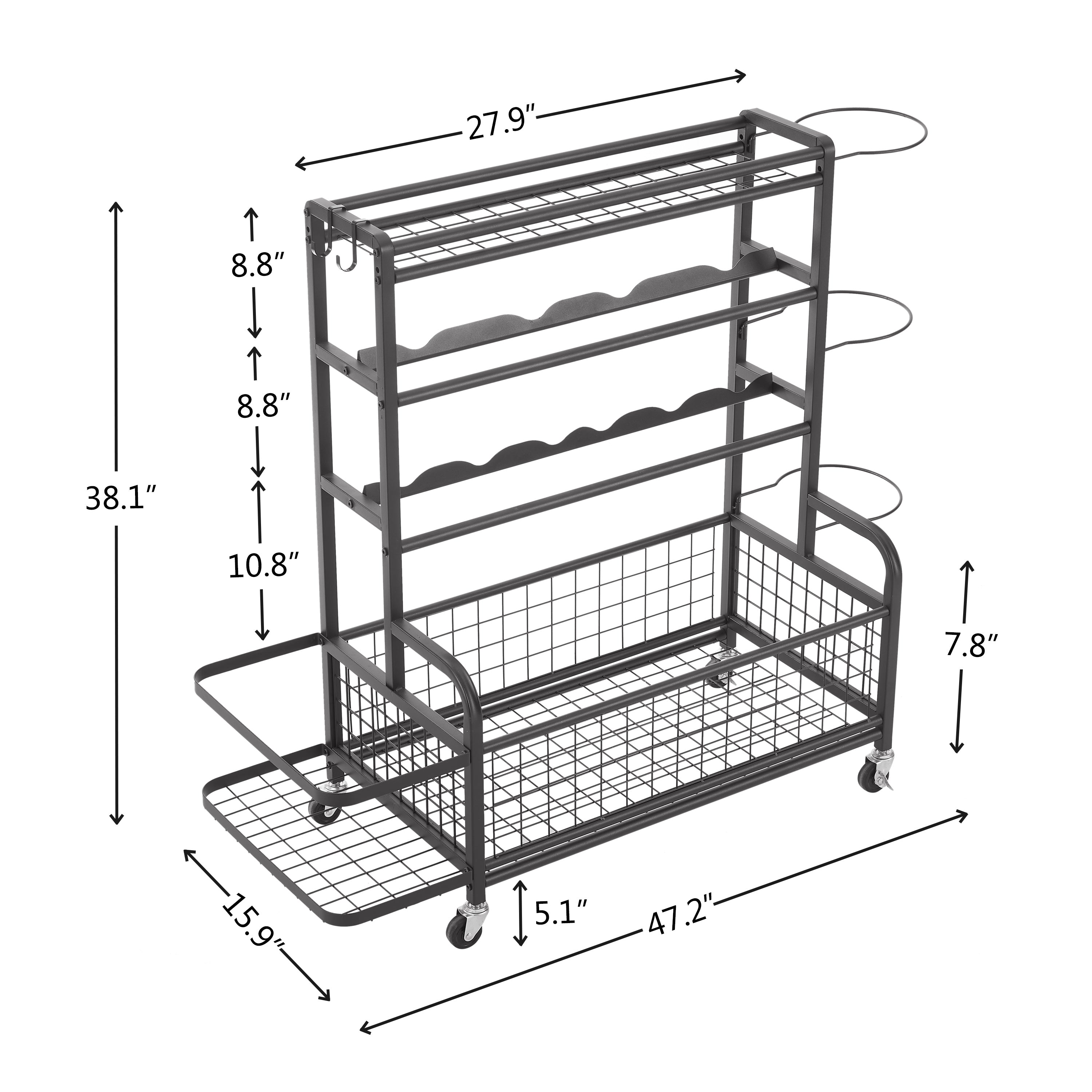 Four layer metal storage rack, large ball storage rack with rollers, baskets, and hooks