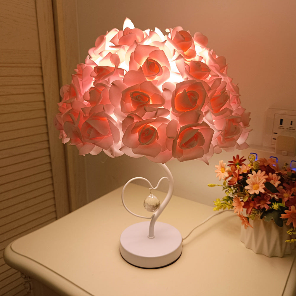 White stem heart-shaped crystal umbrella-shaped rose flower table lamp bedside lamp bedroom decoration ornaments wedding atmosphere table lamp