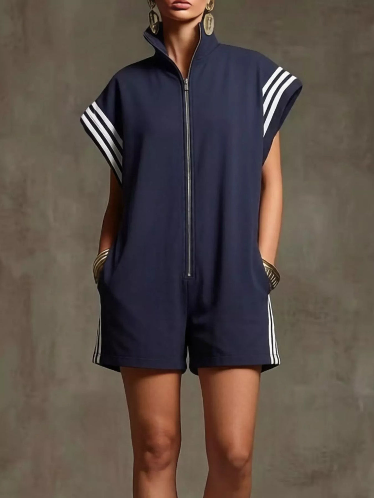 Striped zip front short sleeve romper, Navy Blue
