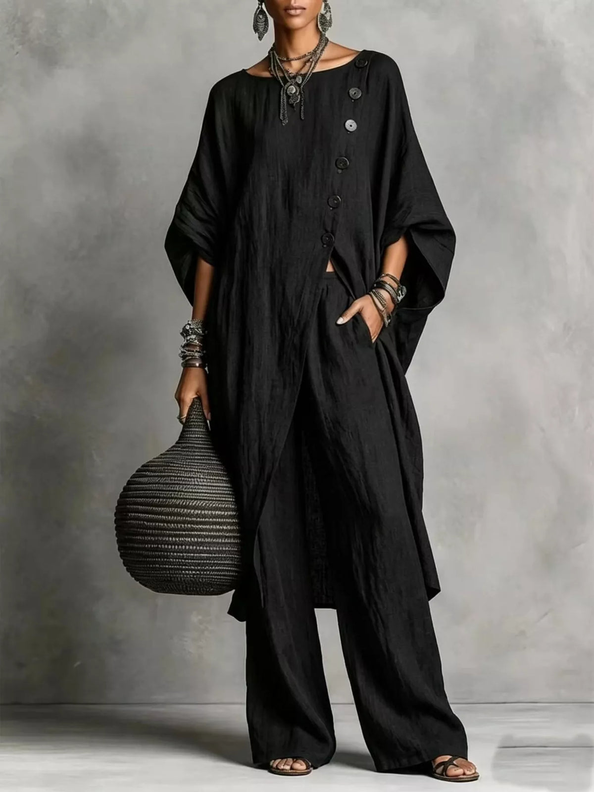 Asymmetric button-down top and wide-leg pants set, Black