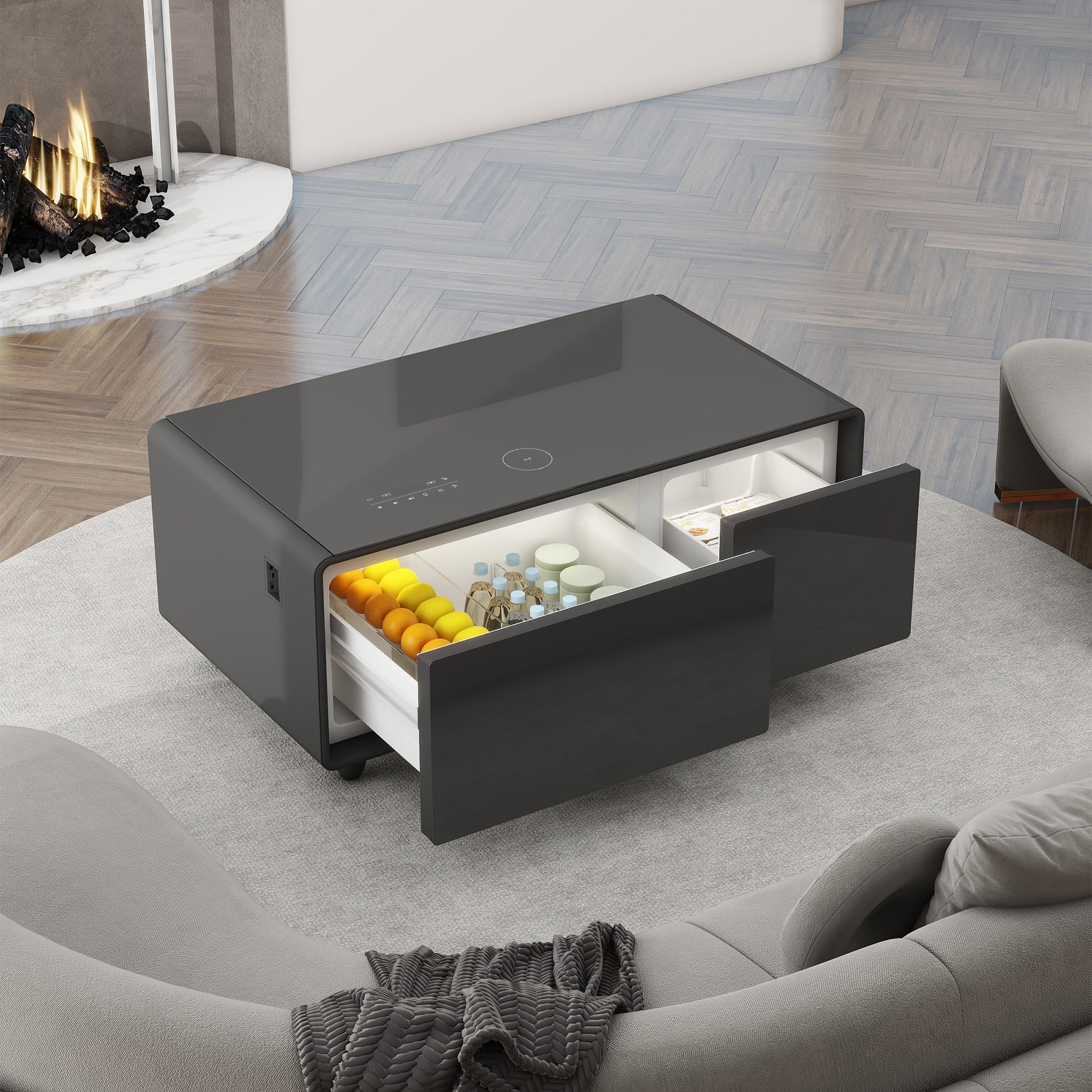 Modern Smart Coffee Table with Built-in Fridge, Bluetooth Speaker, Wireless Charging, Touch Control Panel, USB Interface Black