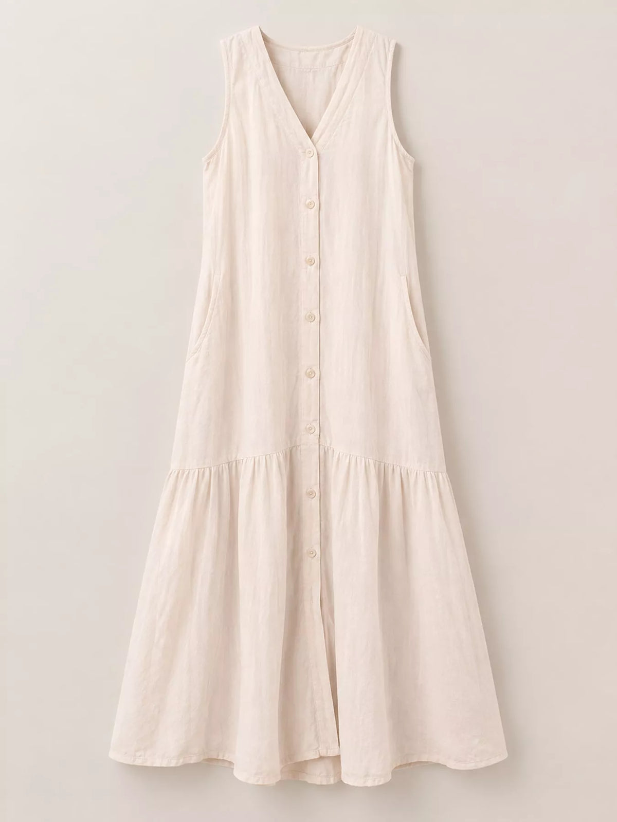 V-neck button front sleeveless midi dress