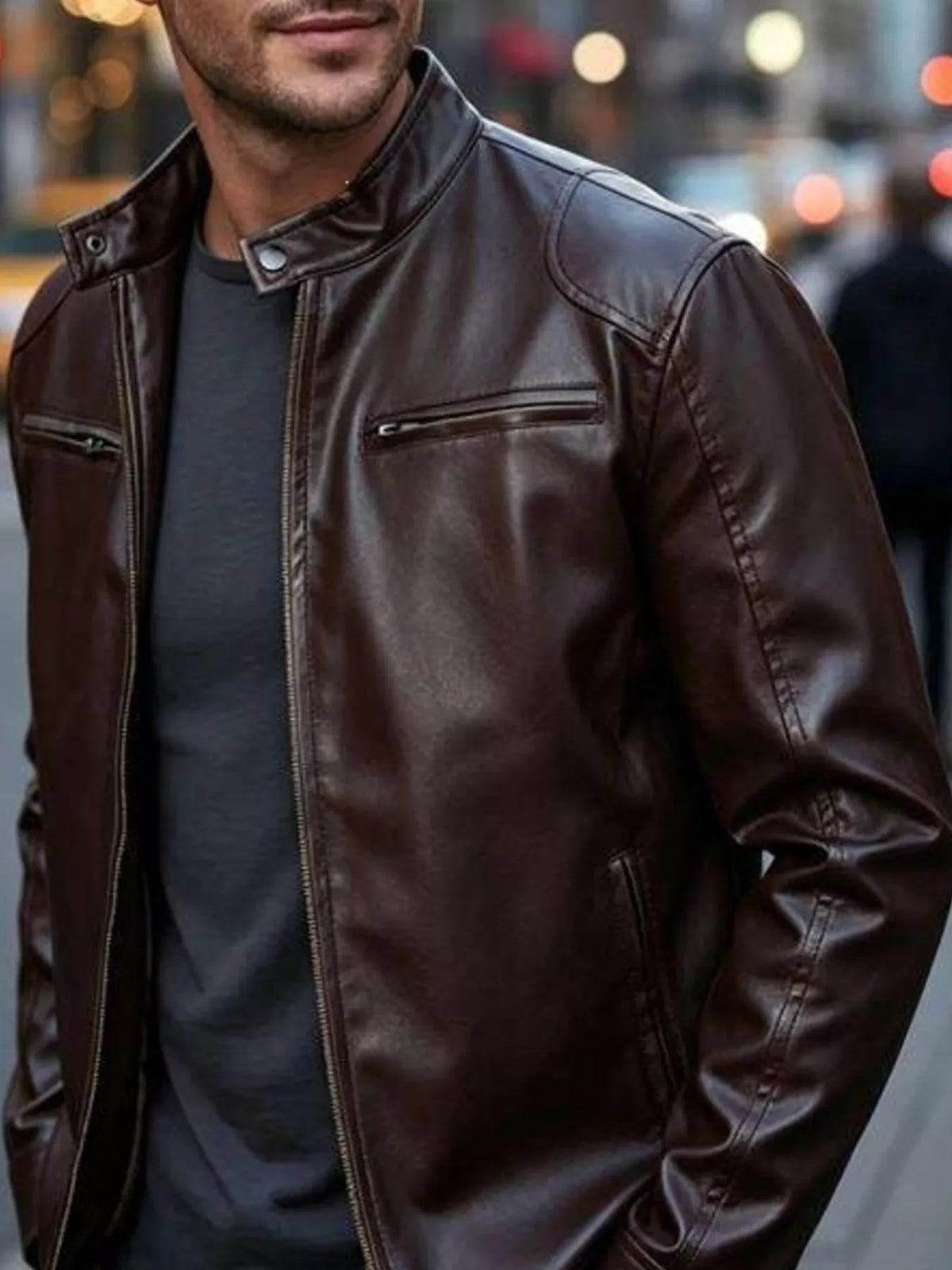 Faux leather bomber jacket with zipper pockets, Brown