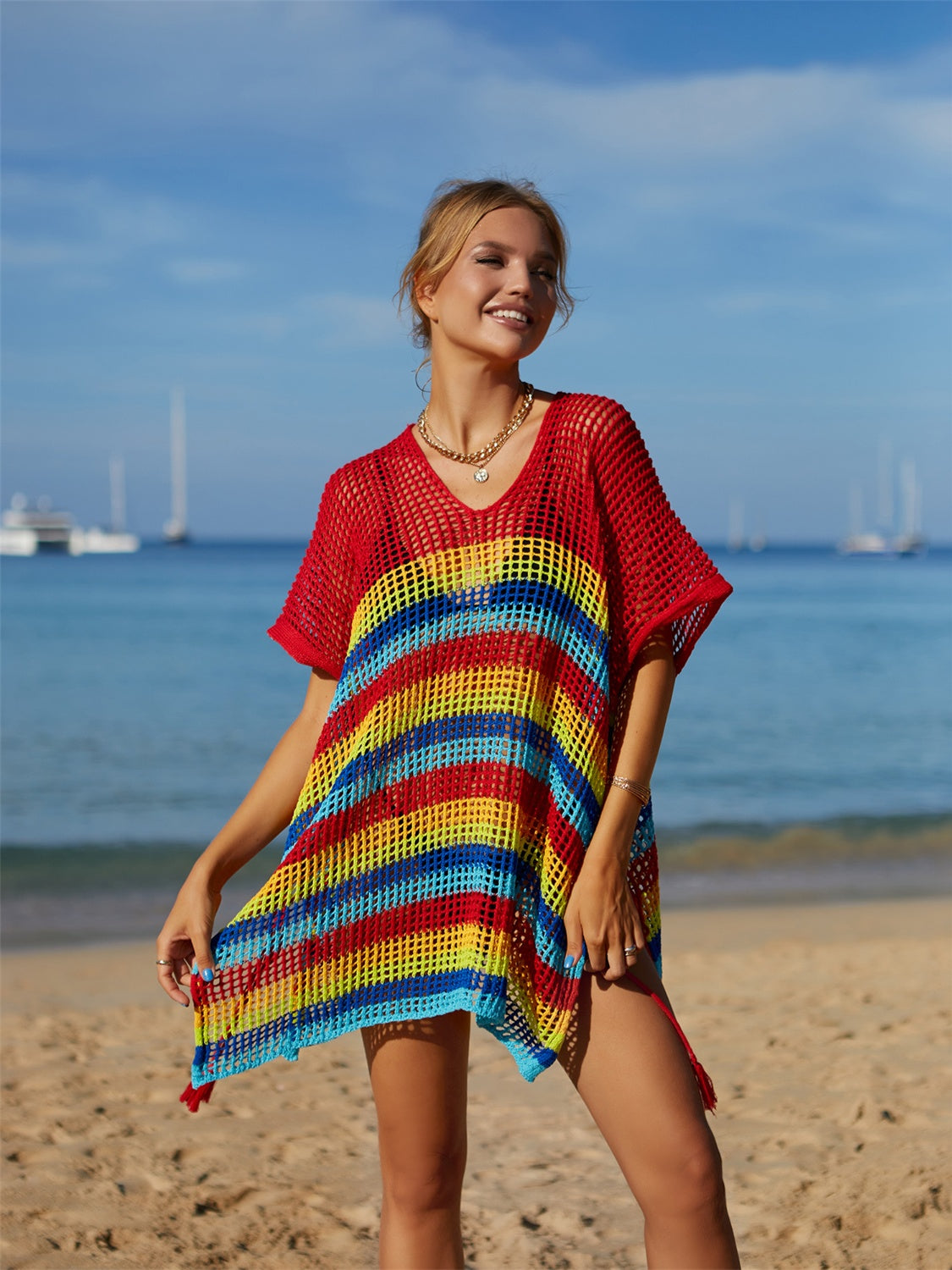 Angel Wings Cutout Striped Cover-Up with Tassel