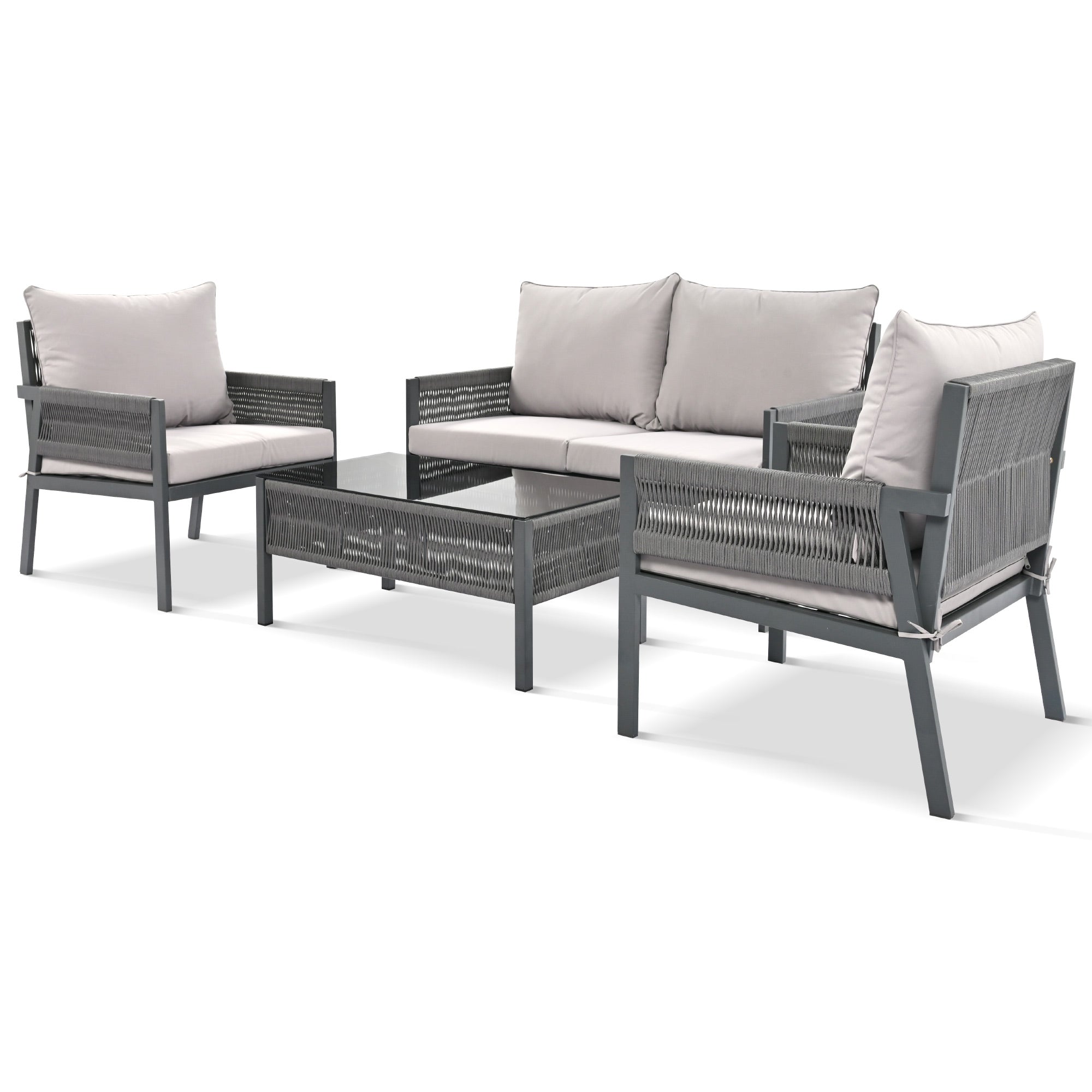 Outdoor Furniture with Tempered Glass Table Deep Seating with Thick Cushion for Backyard Porch Balcony (Grey)