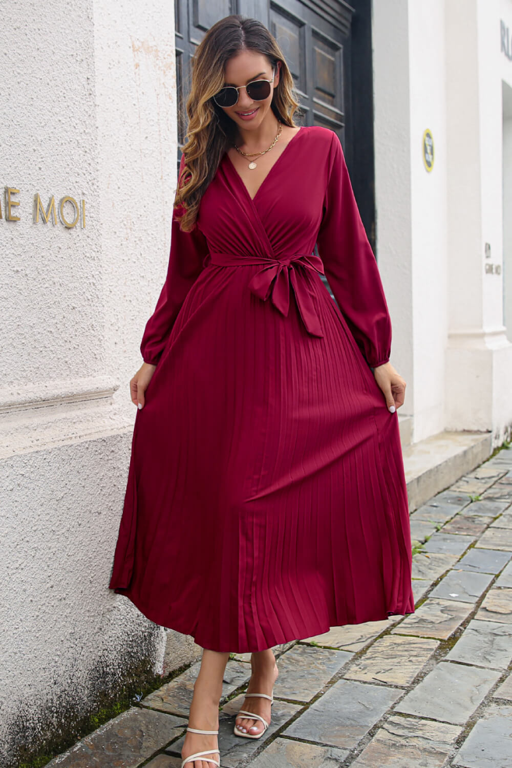 Pleated long sleeve surplice maxi dress, Wine