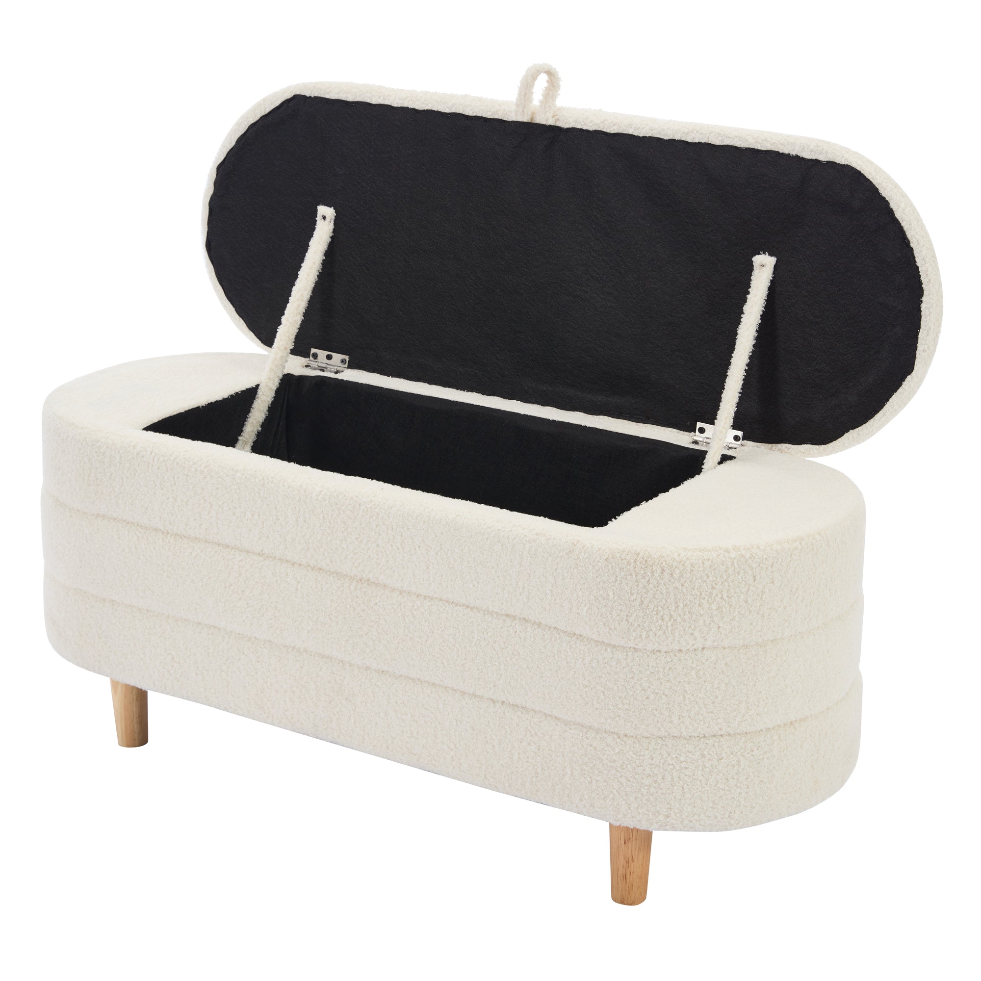 Elegant Upholstered Sherpa Fabric Storage Ottoman with Wood Legs, Storage Bench for Bedroom, Living Room, White