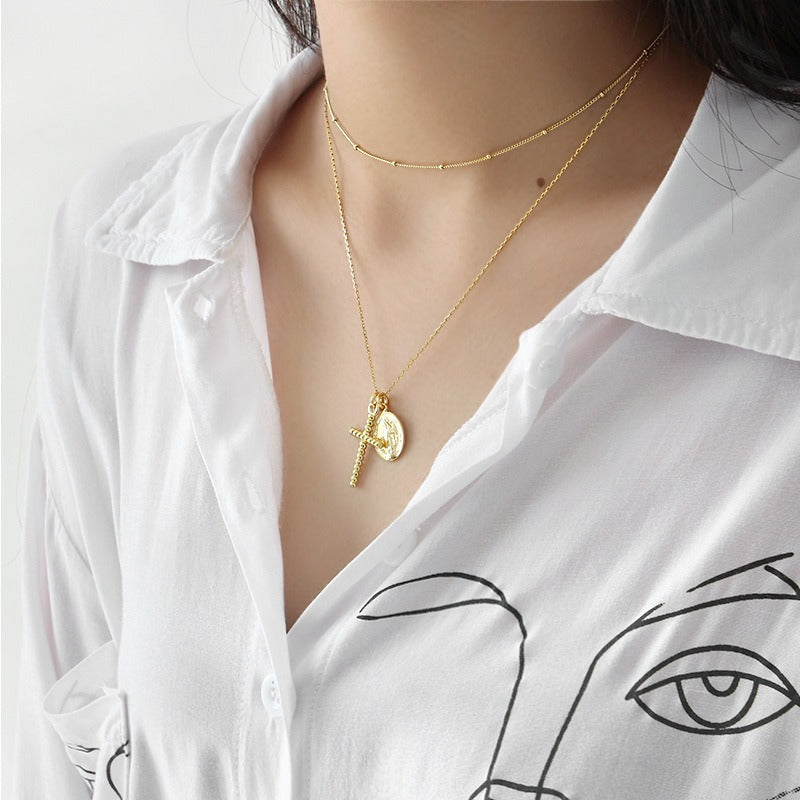 S925 sterling silver necklace INS niche versatile gold-plated twist cross coin tag women's necklace