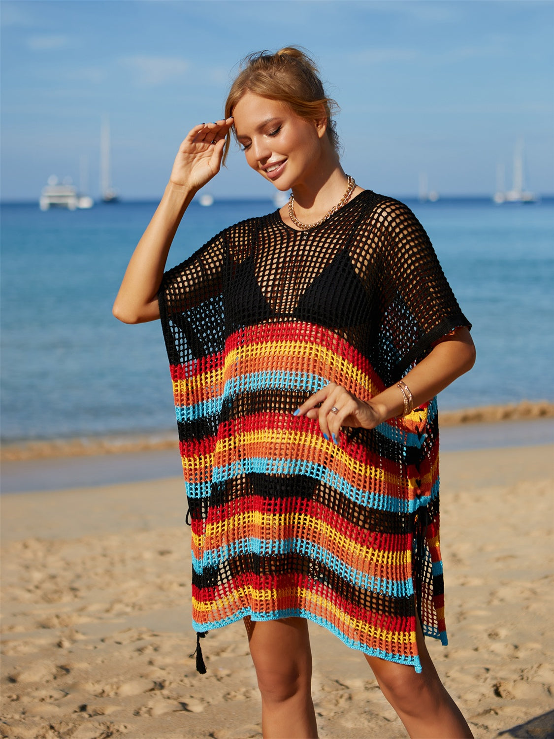 Angel Wings Cutout Striped Cover-Up with Tassel