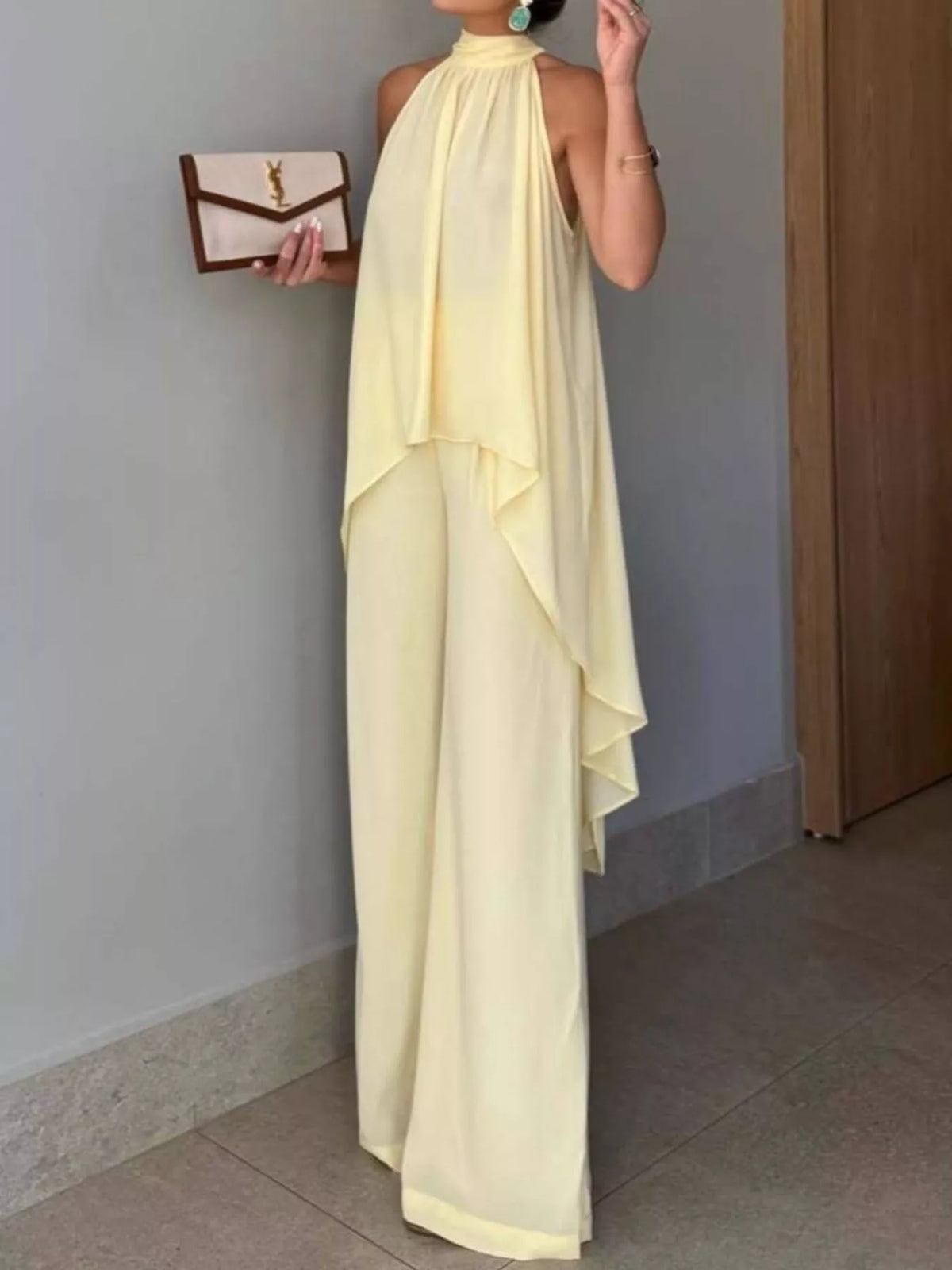 High-low sleeveless top and wide-leg pants two-piece set