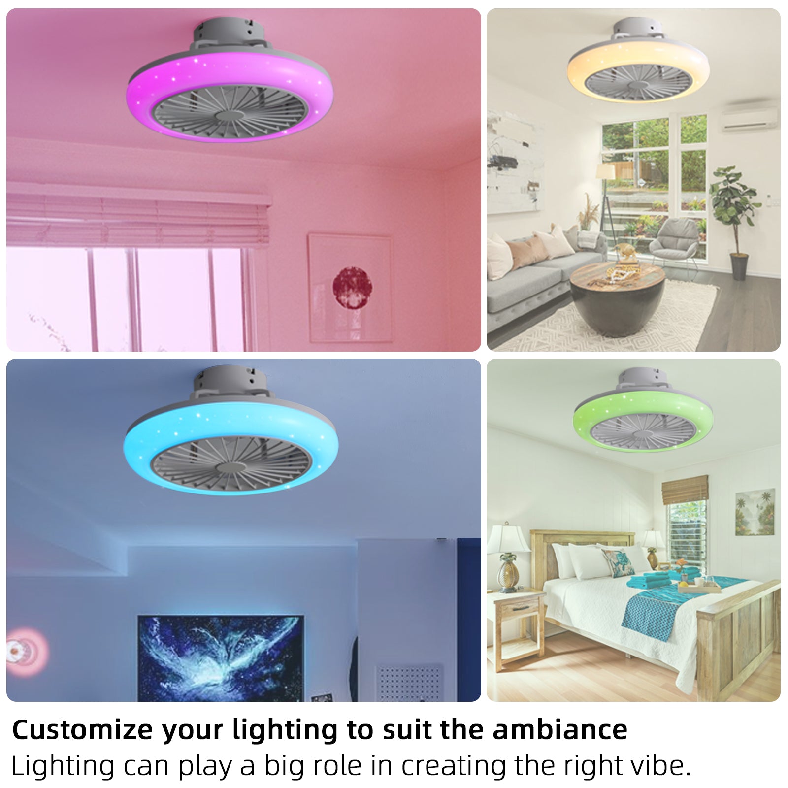 18" Smart LED Bladeless Ceiling Fans Remote with Alexa/Google, Modern Flush Mount RGB Ceiling Fan for Bedroom