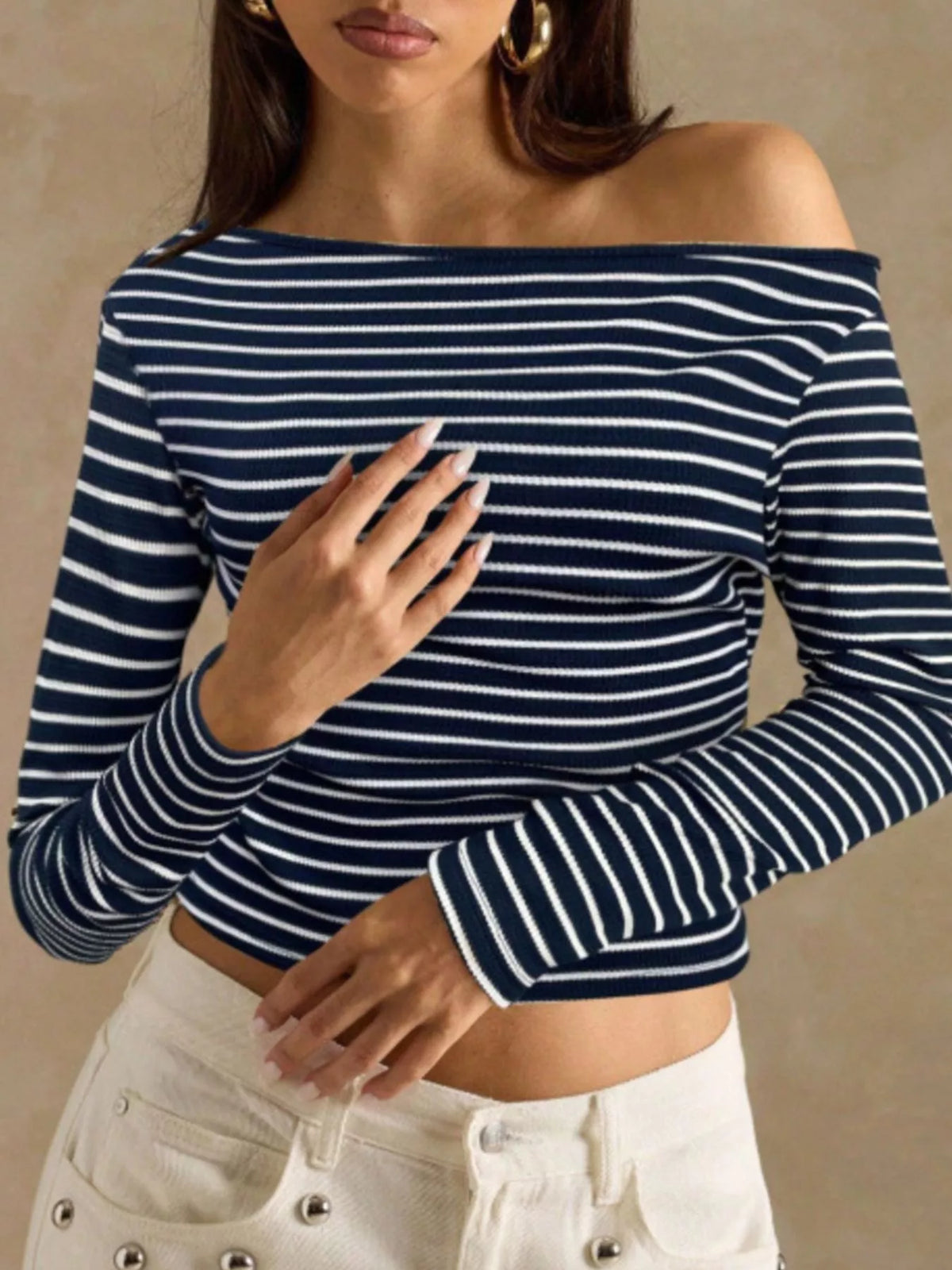 Off-shoulder striped rib top