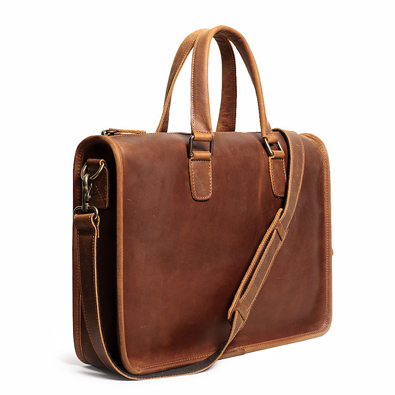 Crazy horse leather briefcase, Brown, side view