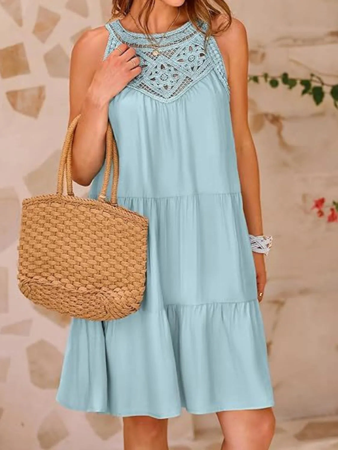 Ruffled hem lace sleeveless dress, Light Blue