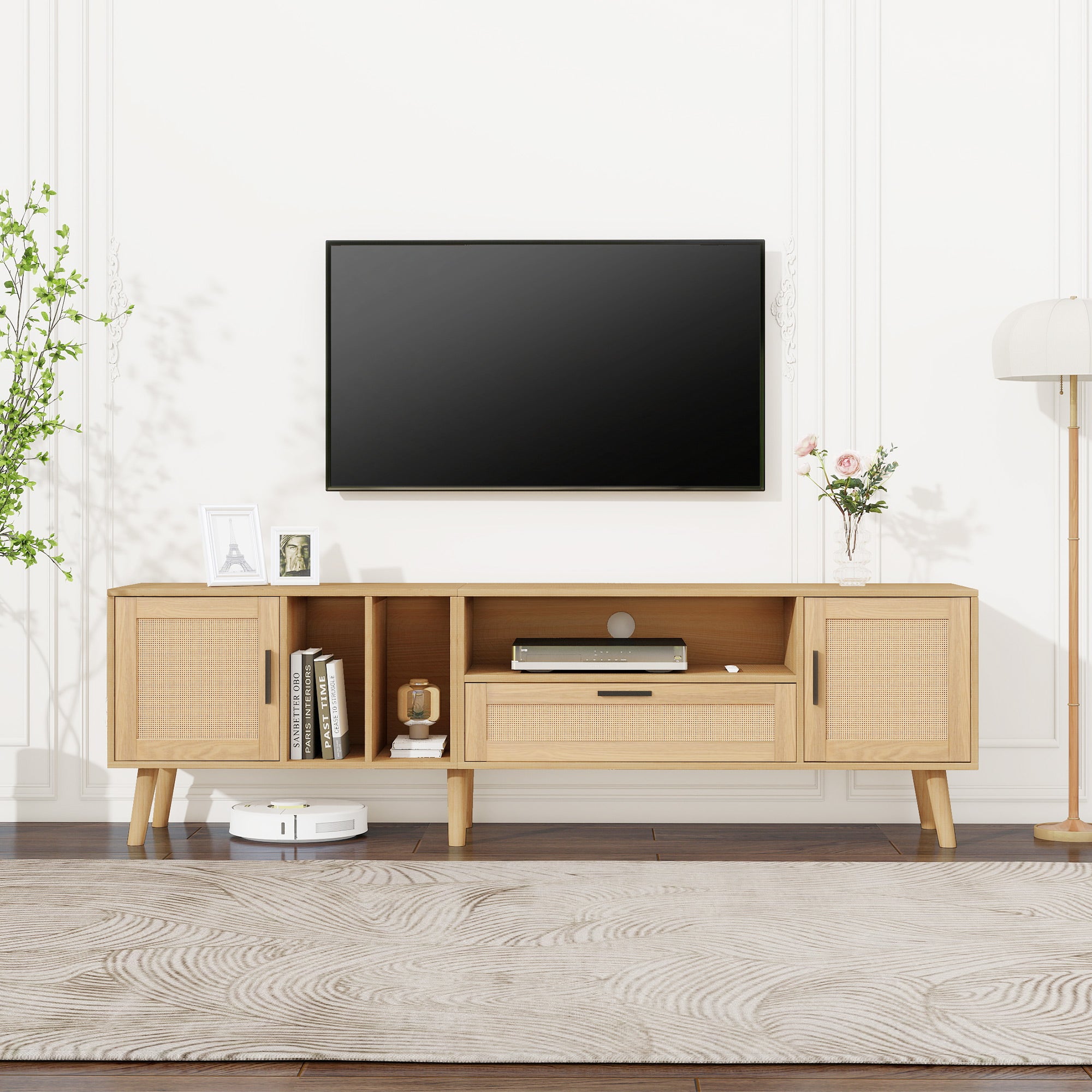 Vine TV stand with 2 cabinets and 2 open shelves, suitable for TVs under 80 inches, with solid wood legs for TV cabinets