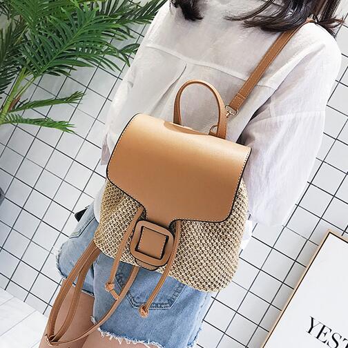 Women Backpacks Straw Shoulder bag Leisure Beach Splicing Backpack Teenage Girl Quality Travel Books Rucksack