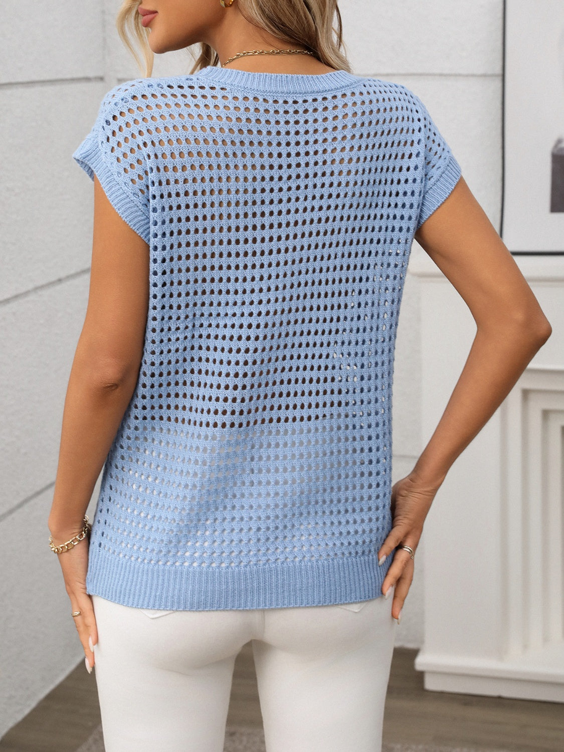 Openwork round neck short sleeve knit cover up