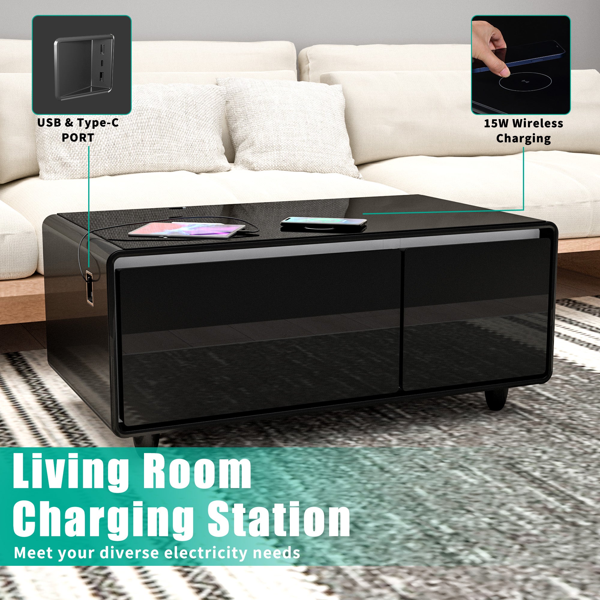 Modern Smart Coffee Table with Built-in Fridge, Bluetooth Speaker, Wireless Charging, Touch Control Panel, USB Interface Black