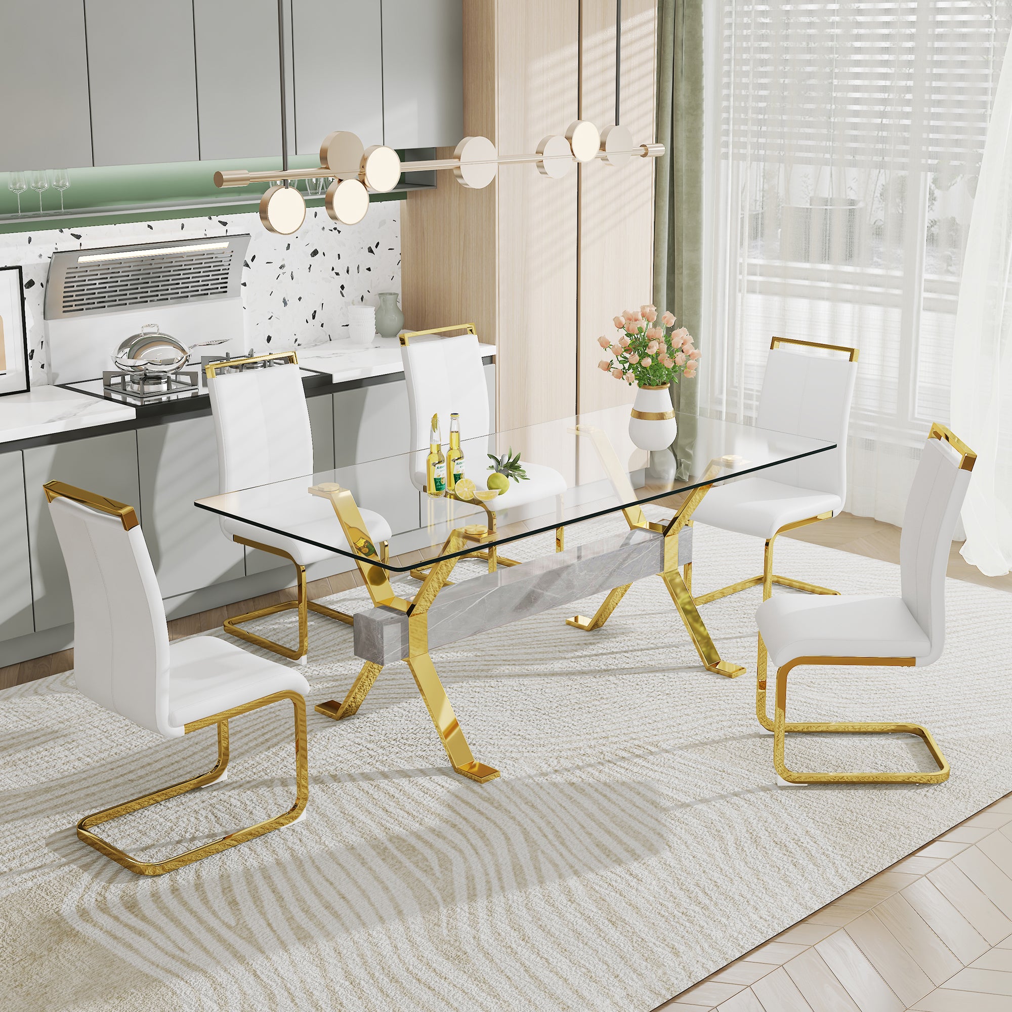 Dining table Modern tempered glass dining table Large modern office desk with gold plated metal legs and MDF crossbars