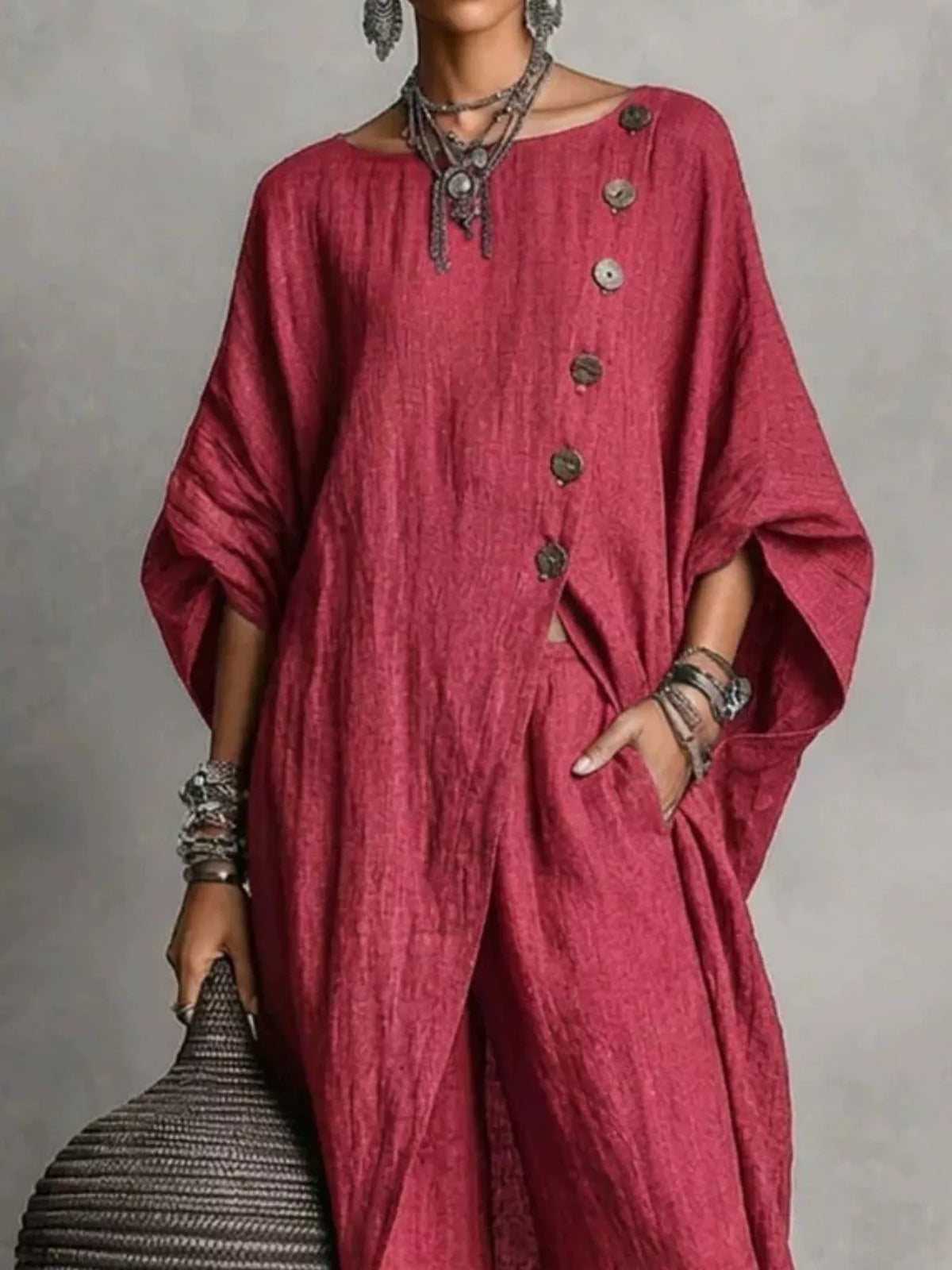 Asymmetric button-down top and wide-leg pants set