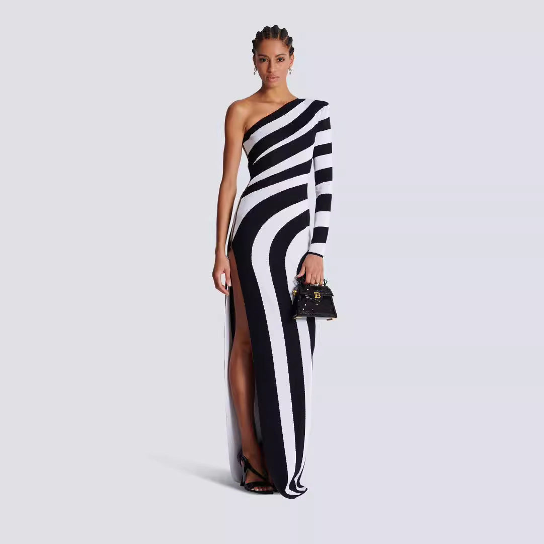 Zebra print single shoulder long sleeved open leg bandage dress banquet party dress