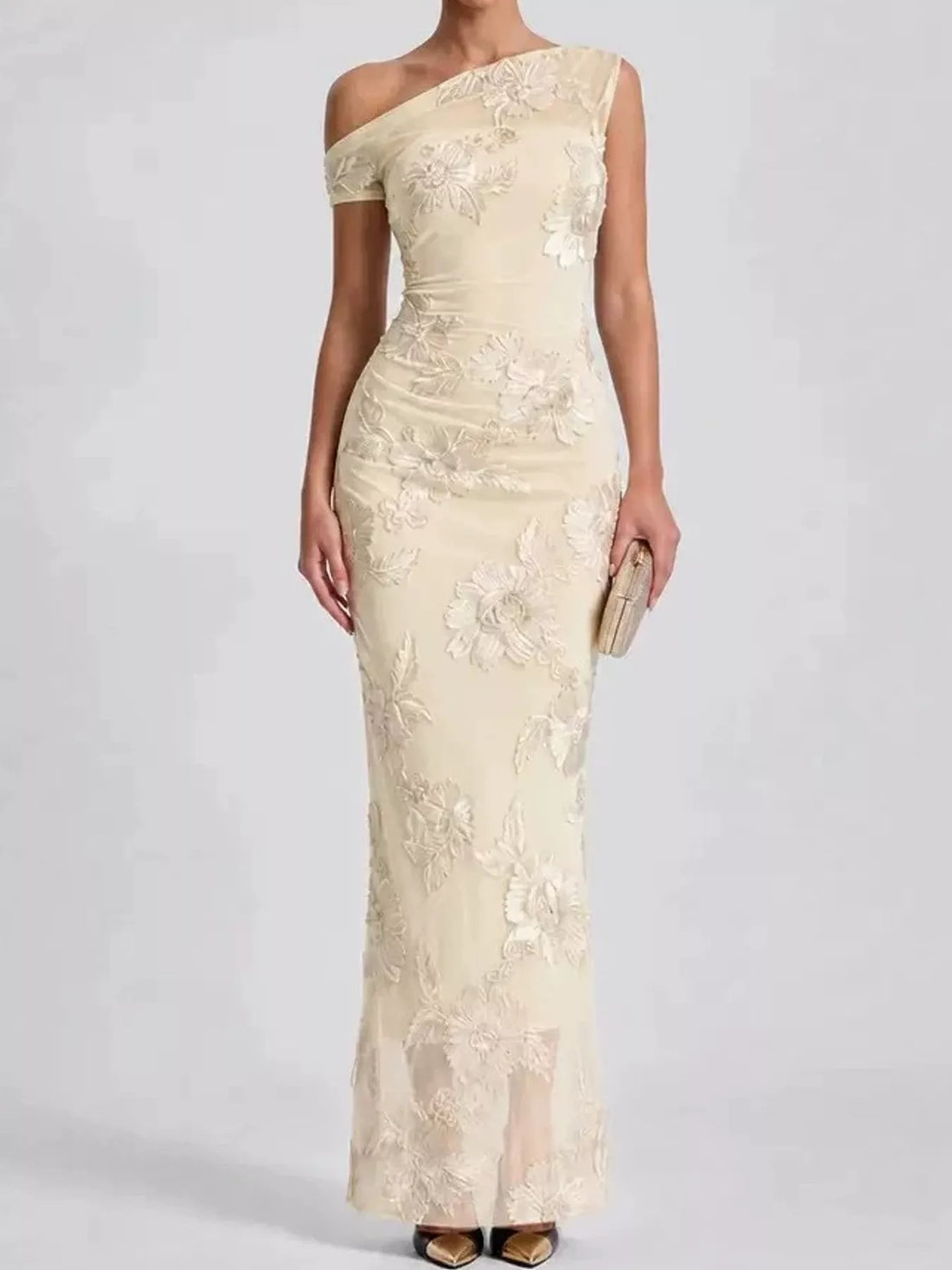One-shoulder floral embroidered maxi dress, Apricot