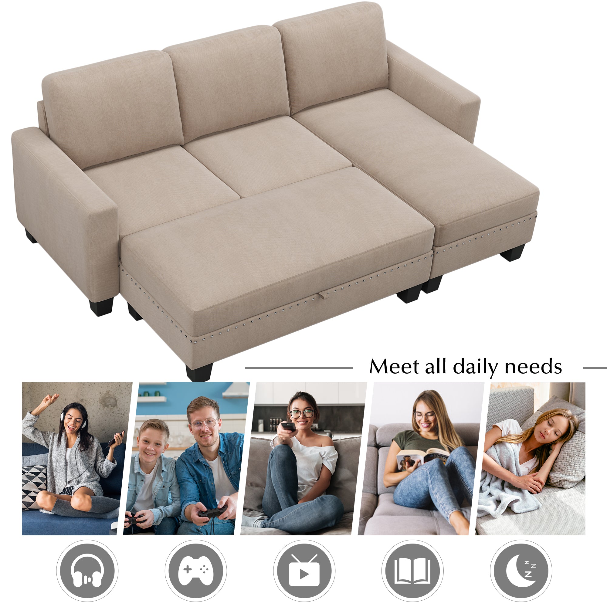 [New]81" Reversible Sectional Couch with Storage Chaise L-Shaped Sofa for Apartment Sectional Set Warm Grey