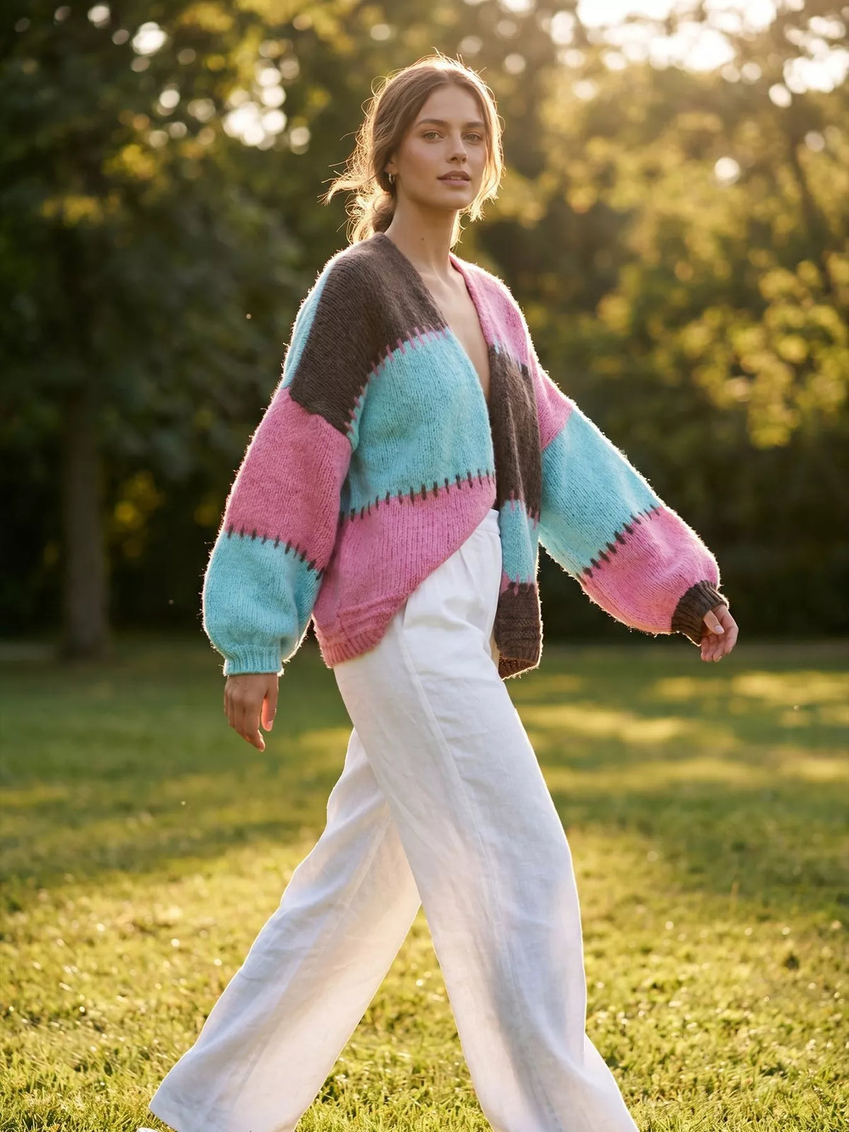 Color block V neck cardigan
