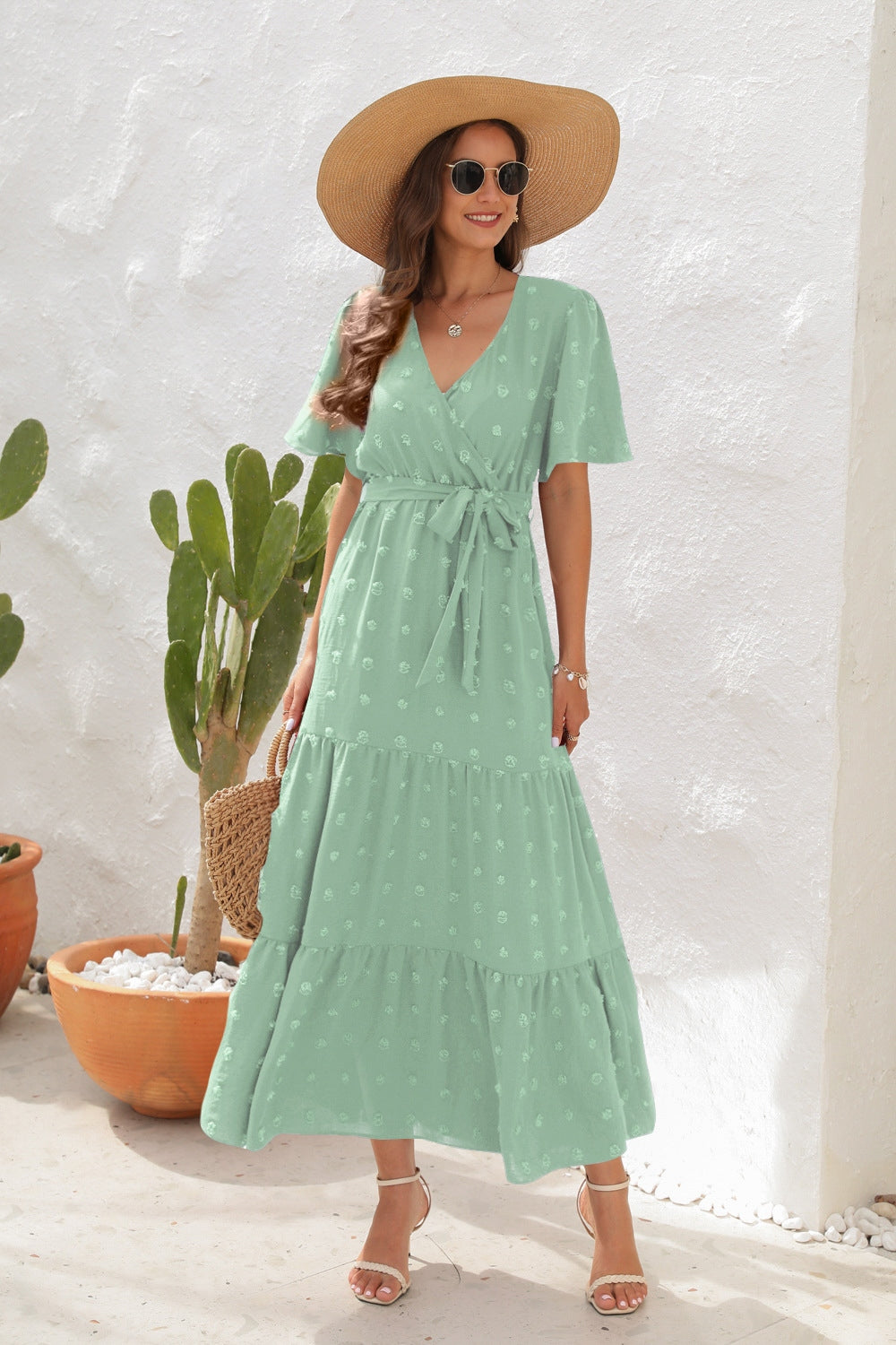 Swiss dot tied surplice short sleeve dress, Light Green