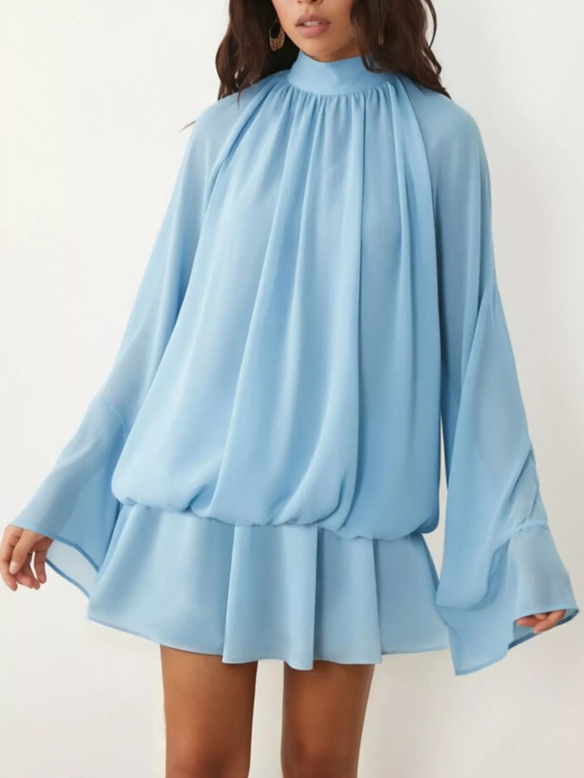 Tie-back flare-sleeve mini dress – sky blue