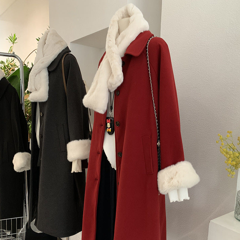 Vintage Wool Coat Mid-Length Padded Thick Woolen Coat with Scarf