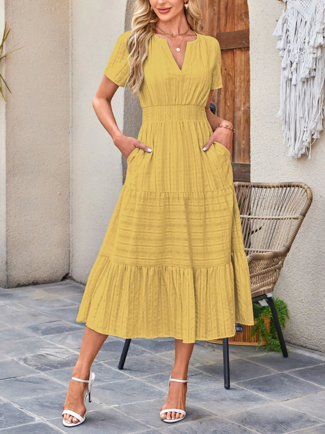 Tiered notched short sleeve dress, Chartreuse