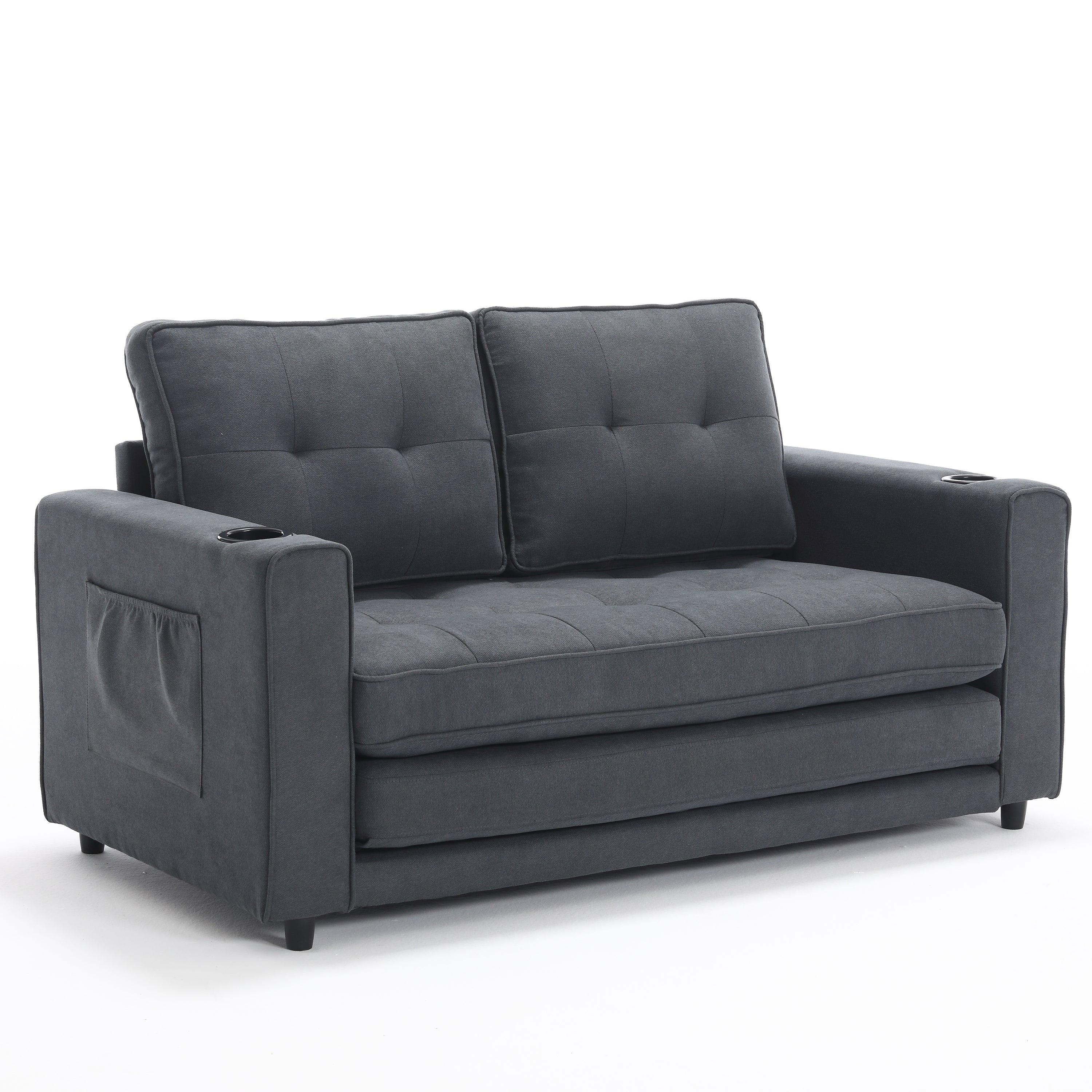 Three in one soft cushion cushion cushion sofa, folding mattress sofa bed, with side pockets and cup holder, dark gray