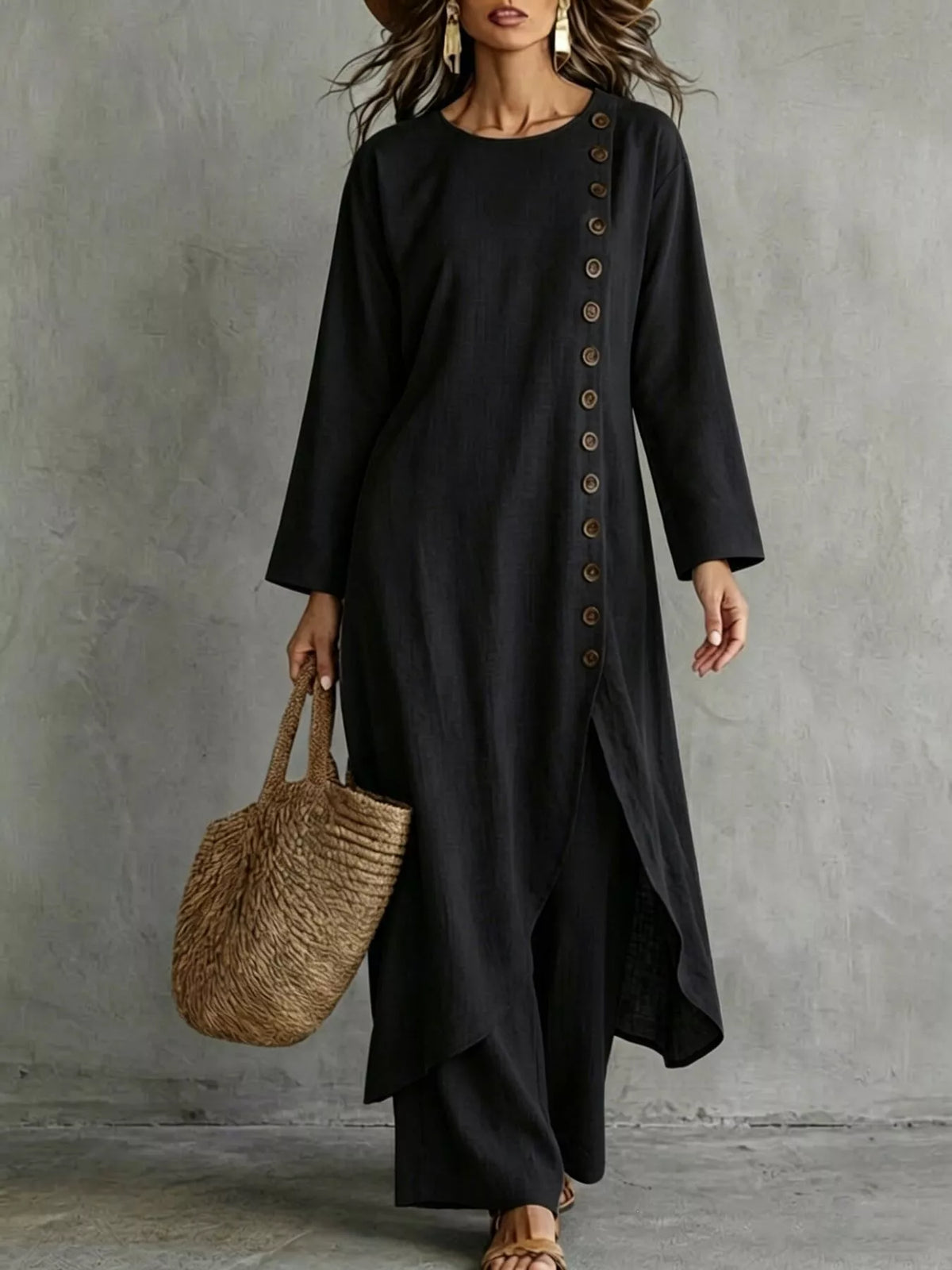 Side-buttoned longline top and pants set, Black